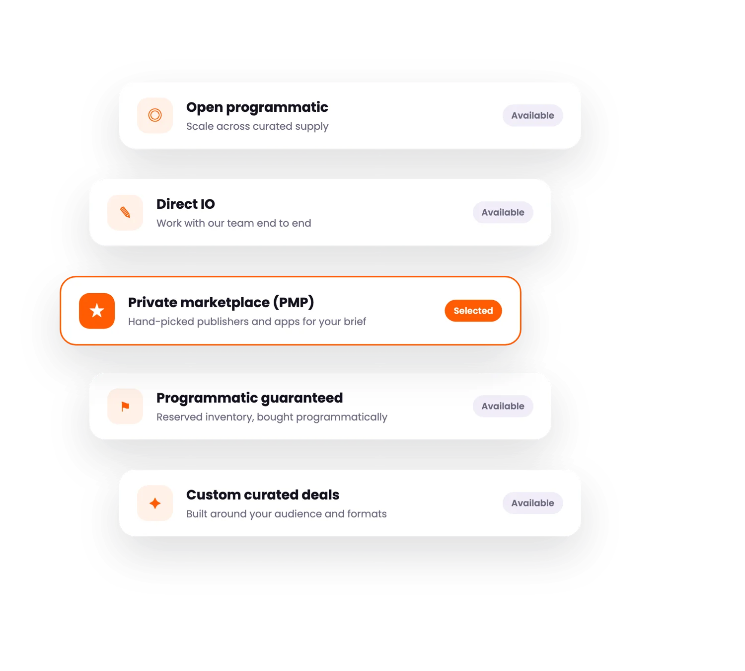 Buying options: open programmatic, direct IO, PMP, programmatic guaranteed and curated deals