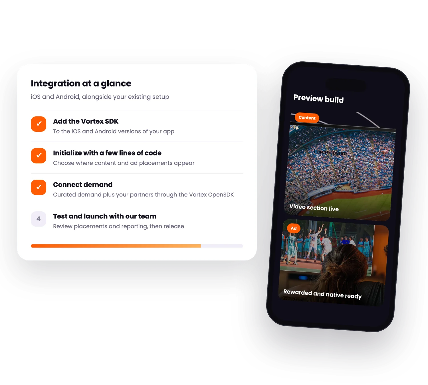 Integration checklist next to a phone previewing the SDK