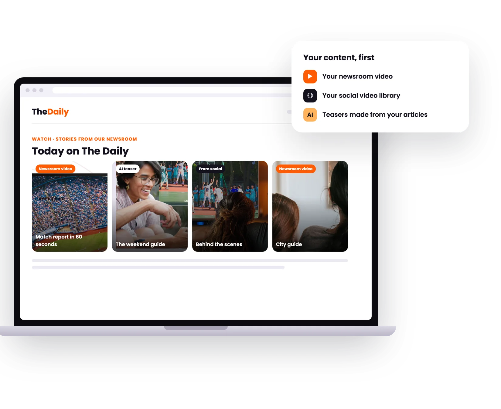 Publisher site with newsroom video, AI teasers and social clips